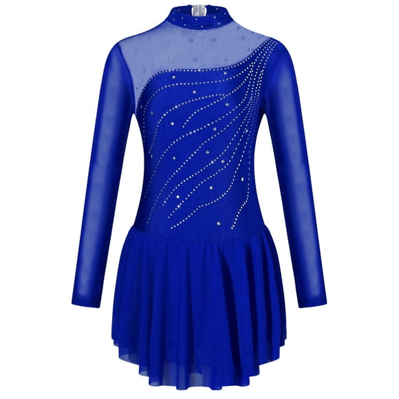 Mufeng Sparkly Crystals Hollow Back Figure Ice Roller Skating Dress Ballet Gymnastics Leotard Dance Dress for Girls Royal Blue 16