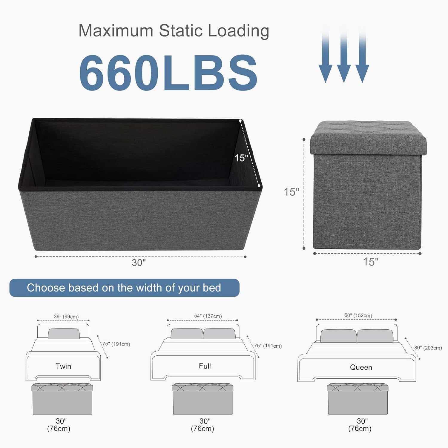 30" Folding Storage Ottoman Bench Storage Linen Footrest with Foam Padded Seat, Holds up to 330 lbs, Gray