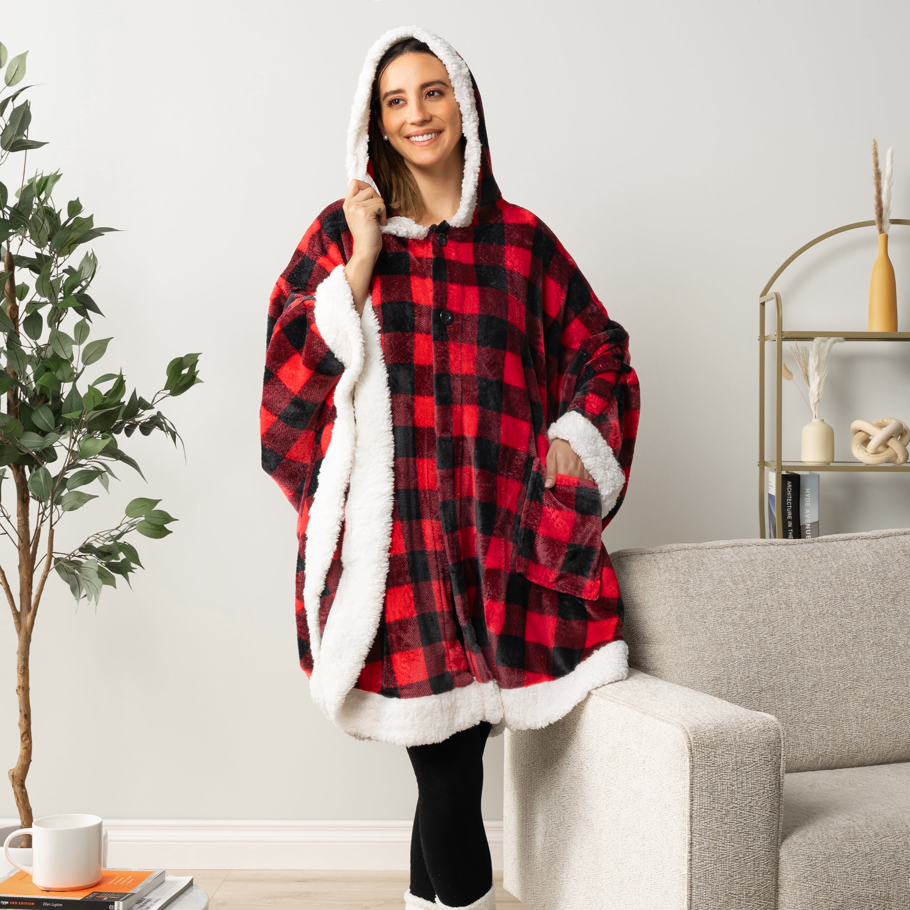 PAVILIA Sherpa Fleece Wearable Blanket for Adult Women, Cozy Plush Blanket Poncho Cape with Hood, Super Soft Shawl, Angel Wrap Throw for Office, Black and Red Buffalo Plaid Checkered