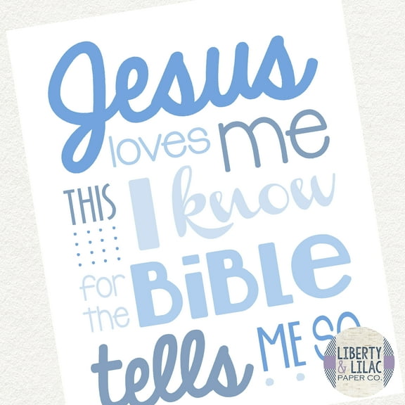 Baby Boy Nursery Art Jesus Loves Me Christian Art Bible Verse Blue and White Baby Shower Gift Christening Gift Baptism Gift 24x36