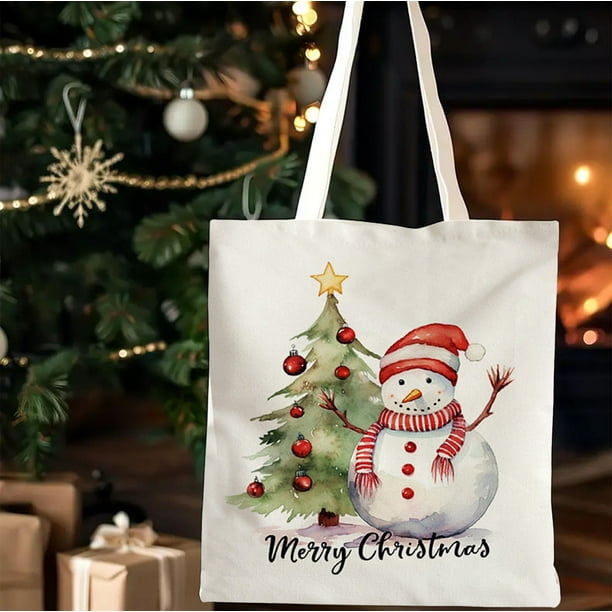 Bolsa de lona navideña | Bolsa reutilizable para regalos y compras | Tamaño grande: 58 x 39 cm | Colores verde, rojo y blanco | Ideal para fiestas y viajes diarios