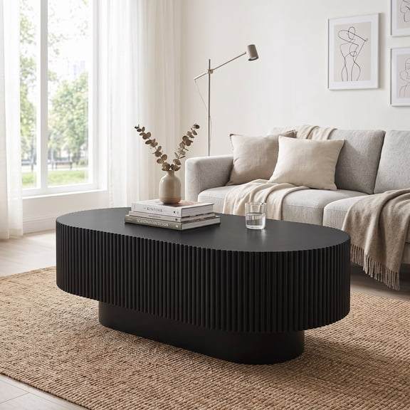 MORPAZX 48" Oval Coffee Table, Fluted Center Table with Sturdy Base, Black