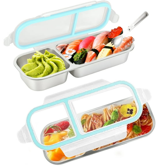 Pack of 2 Food Storage Containers with Airtight Lid, Stainless Steel Snack Containers, Leak Proof Metal Lunchbox with Compartment and Spoon, Lunch Box Bento Box for Home ,Office, Travel, Meal Prep