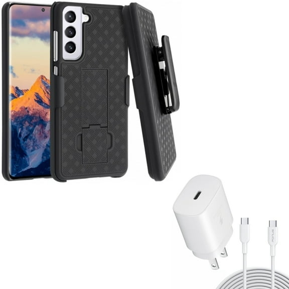 10ft USB-C Cable PD Type-C 25W Fast Home Charger w Swivel Holster Case Belt Clip for Samsung Galaxy S21 FE 5G