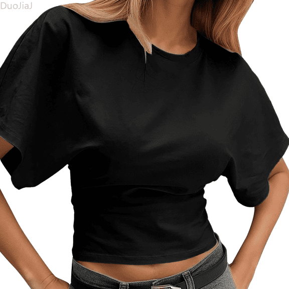 Duojiaj Solid Color Basic Round Neck Short Sleeve Loose Waist Irregular Design Pullover T Shirt For Women Women's T-Shirts