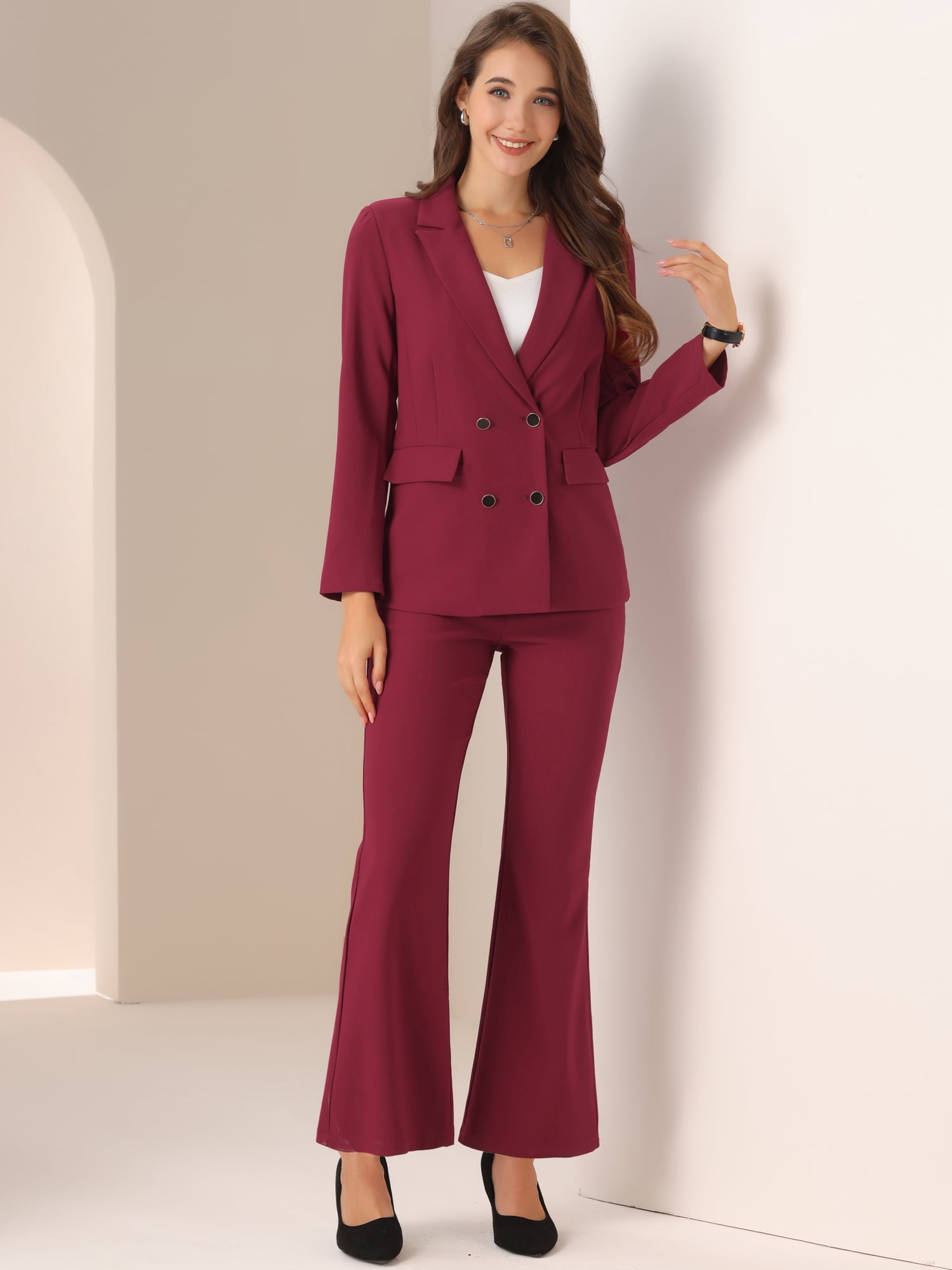 DARING DIVA Women's 2 Pcs Notched Lapel Blazer Work Suit Set XS Burgundy