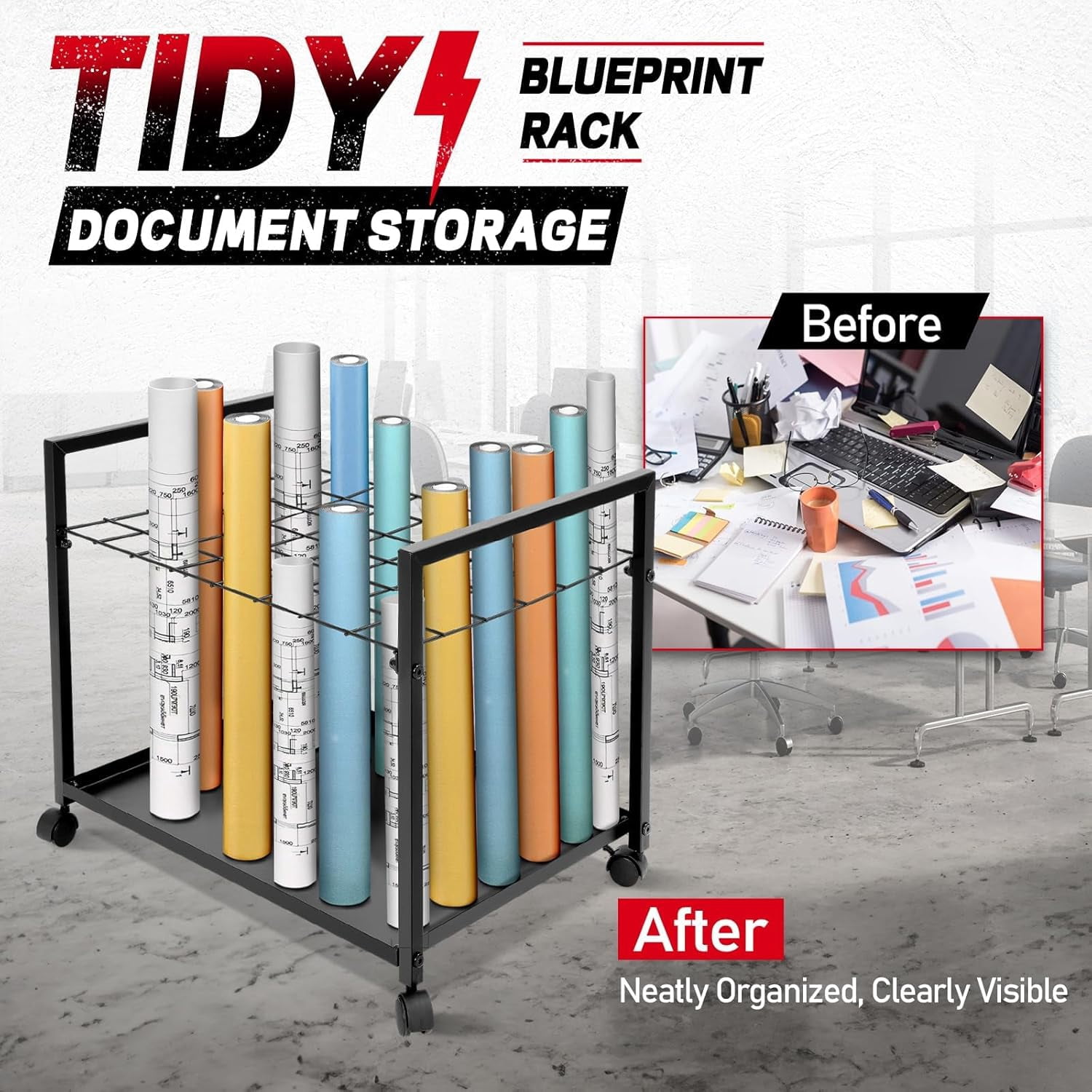 Kojem Blueprint Storage Rack 48 Slots Portable Architectural Plan Organizer with Wheels Blueprint File Storage Organizer Map Poster and Drawings Display Rack for Home, Office, School