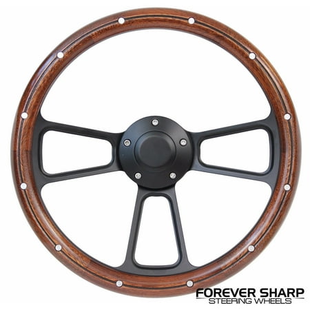 69-94 Chevy GM 14" Mahogany Wood Aluminum Rivets Black Muscle Steering Wheel Set"