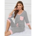 thumbnail image 6 of SHOWMALL Women Lounge Sets Light Gray S 3/4 Sleeves V-Neck Tops and Loose Capri Pants Comfy Pajama Set, 6 of 8