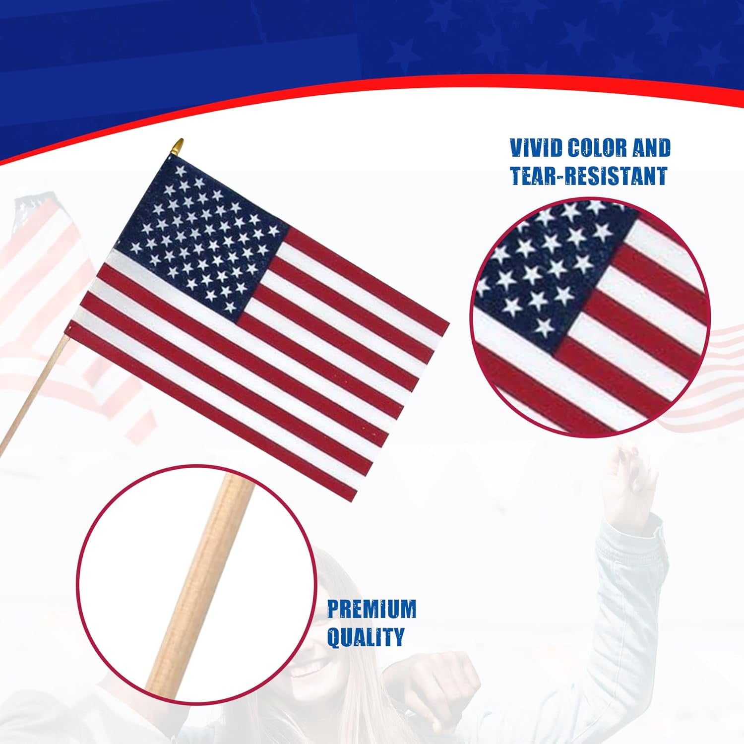 12-Pack, Super Tough US Stick Flag 12"x18" 30" x 3/8" No Fray -US Made