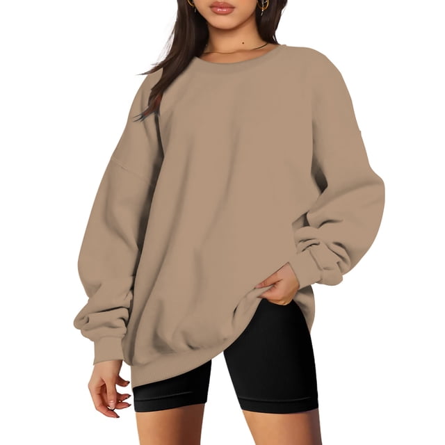 lcziwo Chandails à Col Rond Surdimensionnés pour Femmes Couleur Unie Manches Longues Chandail Décontracté Confortable Chandails Légers d'Automne en Liquidation Kaki,TTG