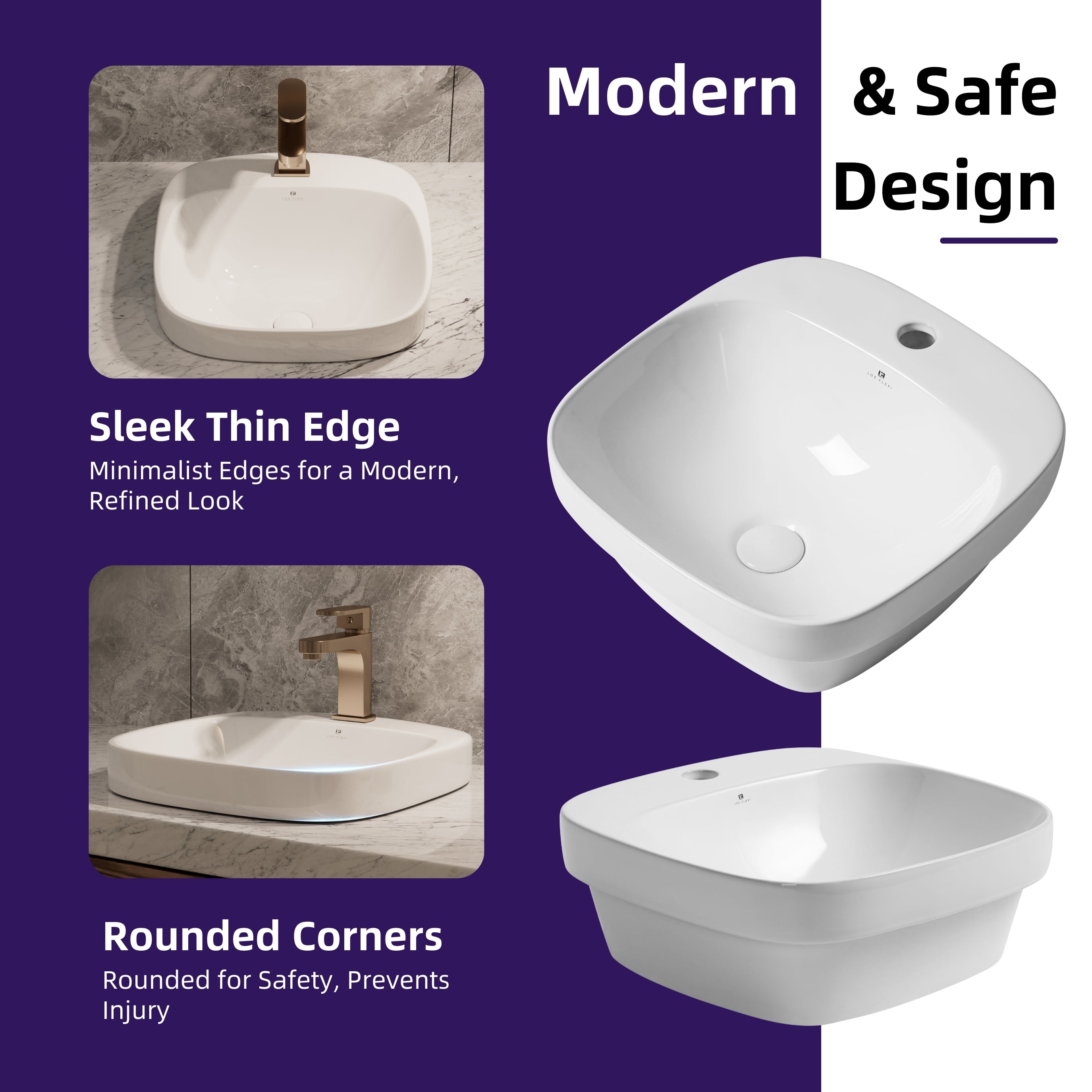 Los Flexi 17" Square Drop-In Bathroom Sink, White Ceramic Semi-recessed Bathroom Sink for Vanity, Non-Overflow Pop-Up Drain Included