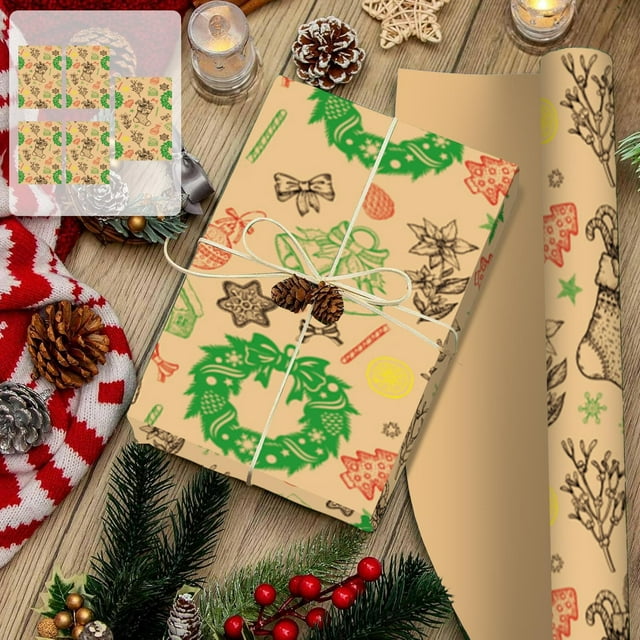 Cameland Christmas Wrapping Paper Kraft Gift Wrap Holiday Packaging Paper With Santa Snowflake Gift Print For Christmas Presents