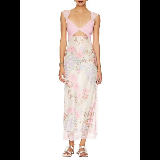Vestidos Largos de Verano Y2K con Encaje, Retazos, , Estampado Floral, Escote Corazón, Espalda Descubierta y Abertura para Mujer Rosa M