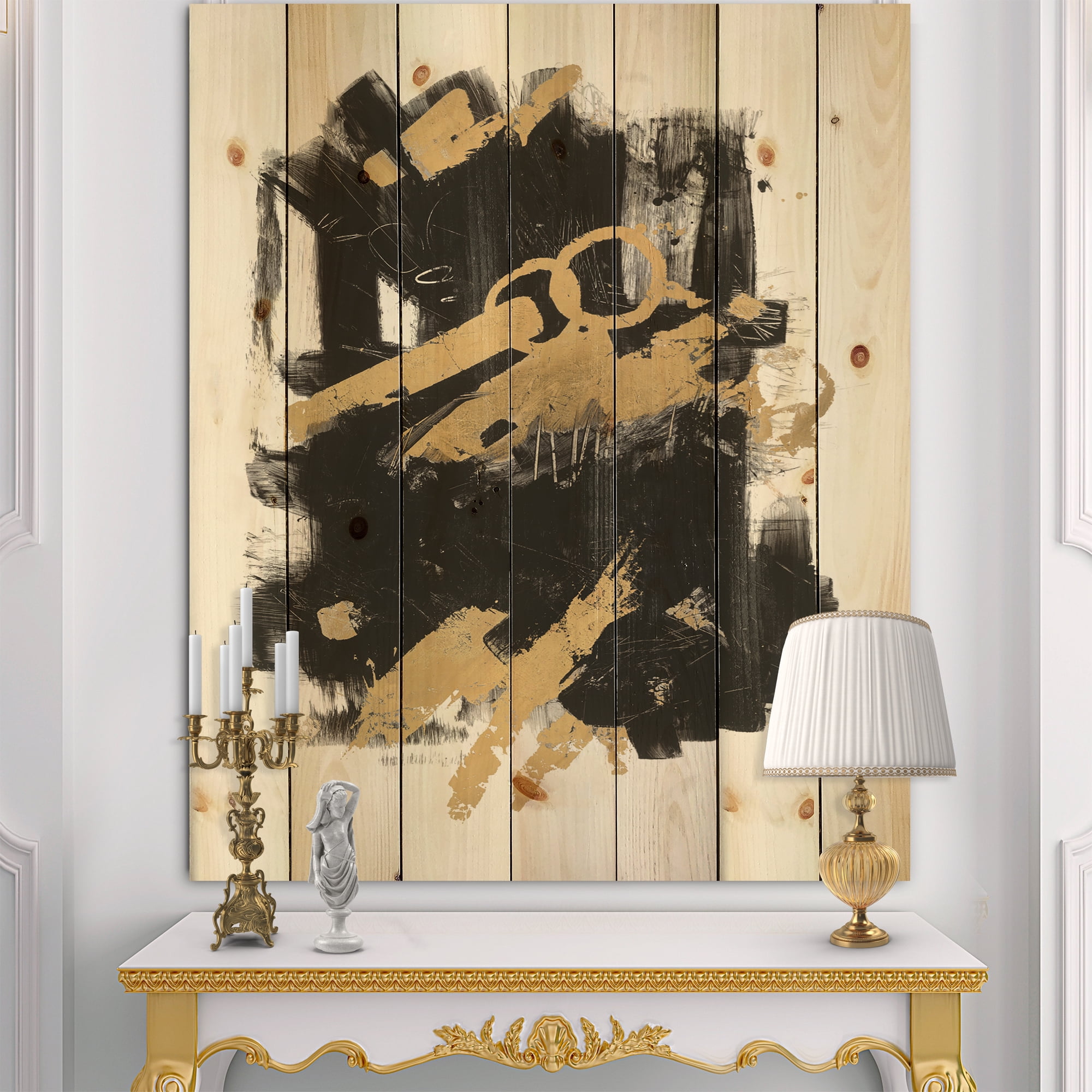 Designart 'Black and Gold drift I' Modern Glam Print on Natural Pine Wood