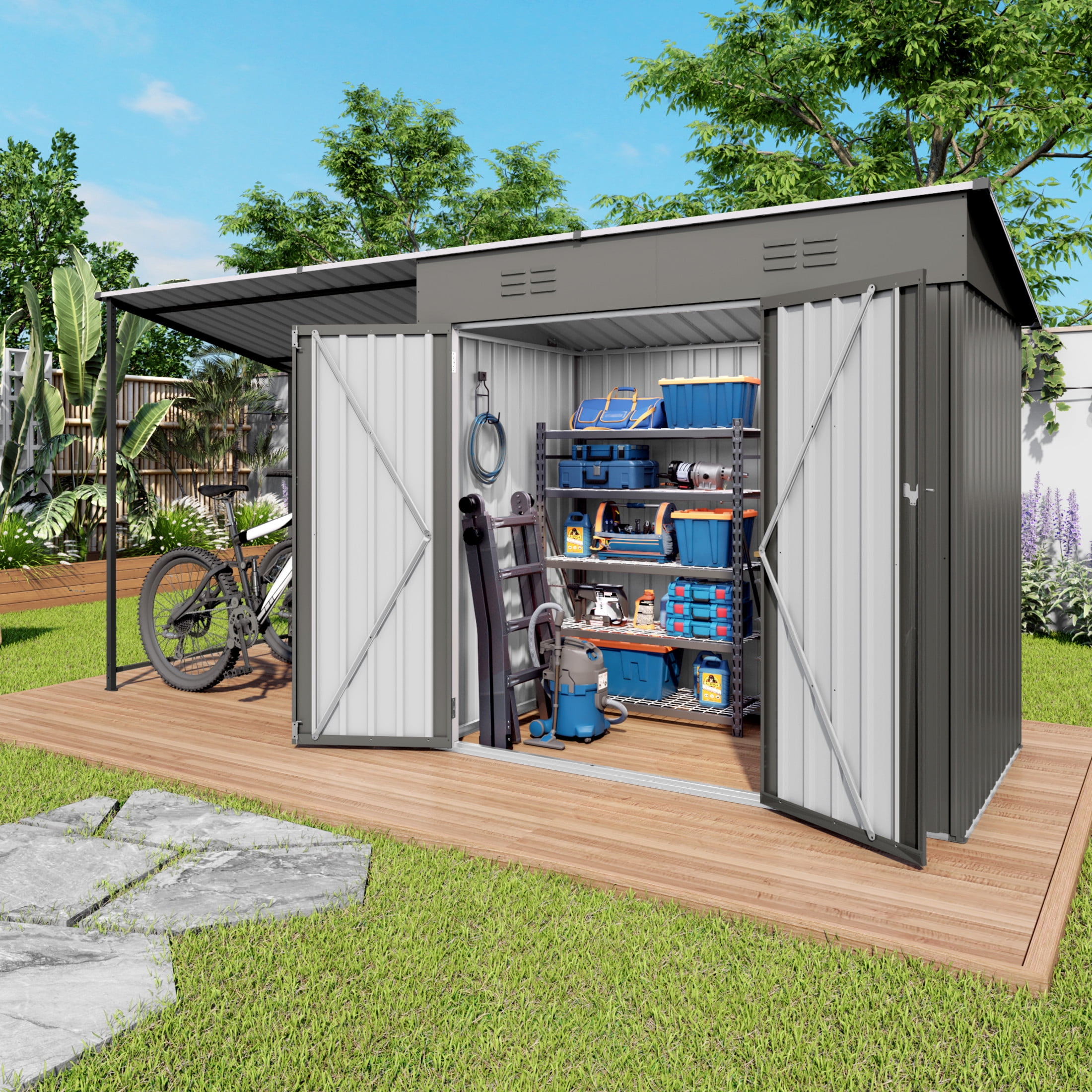 Noble House 12 ft x 4 ft Metal Lean-To Storage Shed with Open-Sided Pergola, Hardtop Roof, Gray