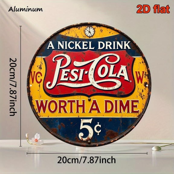 [2D Flat] Vintage 8x8 Inch Round Aluminum Sign - Retro PESI- COLA Soda Advertising Plaque, Distressed Blue & Red Design, Perfect for Bars, Restaurants, Cafes, Kitchens, Offices, and Home Decor Office