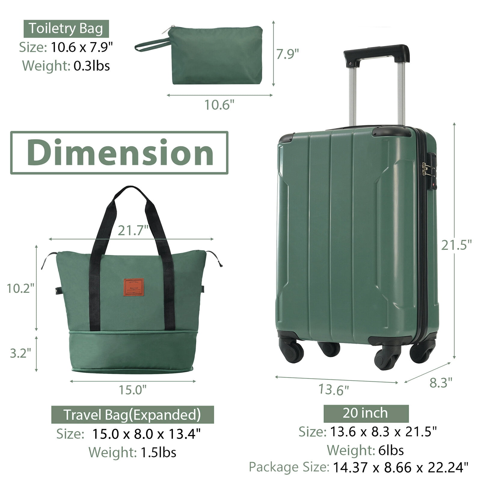 Hardside Suitcase, 20 Inch Carry On Luggage Set 3 Piece with Spinner Wheels, Lightweight Hardshell ABS Suitcase for Weedend Getaways, Business Travel, Green, Green Hardside Luggage