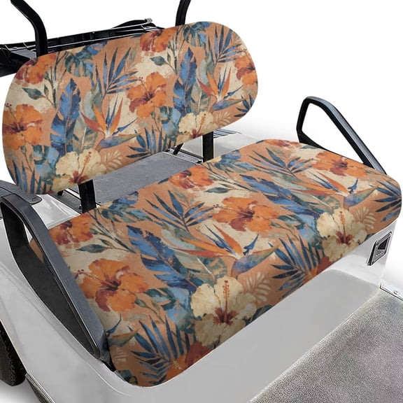 POLERO 2PCS Golf Cart Seat Covers, Watercolor Tropical Flower Leaves Print Breathable Front and Rear Seat Cushion Cover Fits for Ezgo Club Car Golf Cart Original Regular Seats, No Stapler