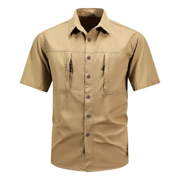 Camisa Elvqul Hombre Playa Algodón Cao Manga Corta sin Estampado con Solapa Botones