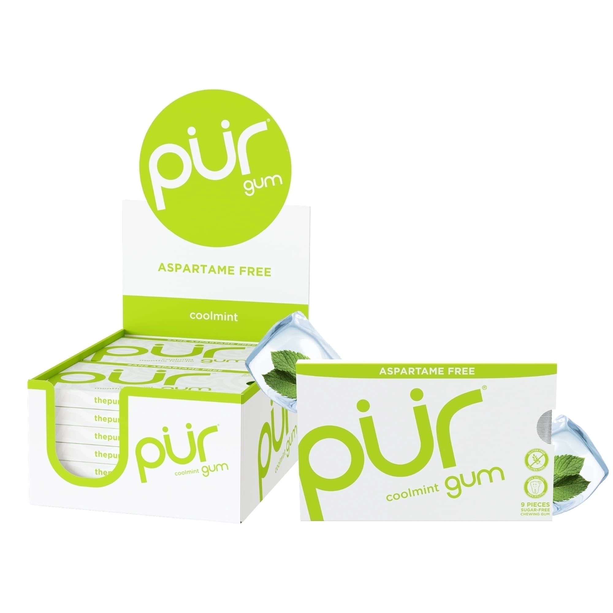 PUR Gum Aspartame Free Sugar Free & 100% Xylitol Coolmint Chewing Gum 9 Pieces Pack of 12