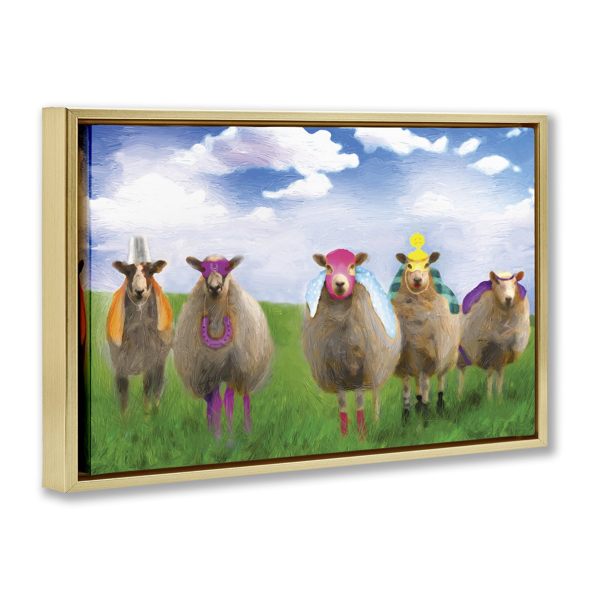 Stupell Industries Superhero Sheep in Field Animals & Insects Painting Gold Floater Framed Canvas Art Print Wall Art, 31 x 21
