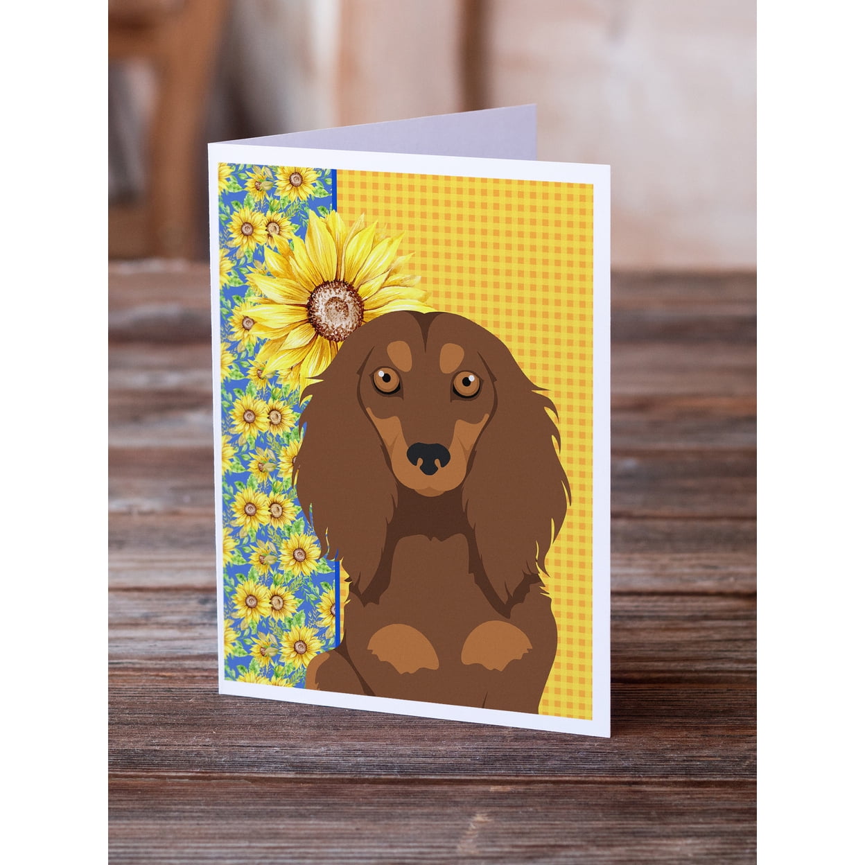 Summer Sunflowers Longhair Chocolate and Tan Dachshund Greeting Cards and Envelopes Pack of 8 7 in x 5 in