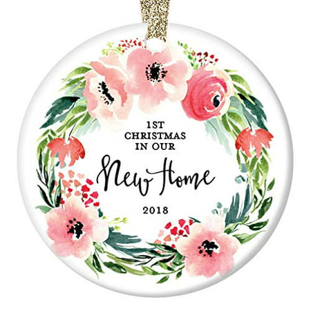 Pretty New Home Christmas Ornament 2019 First Christmas in Our New House 1st Homeowner Housewarming Pink Floral Bloom Wreath Cute Ceramic 3
