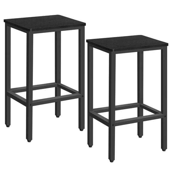 Set Of 2 Black Industrial Bar Stools, 29.5 Inch Counter Height, Square Seat With Footrest Frame