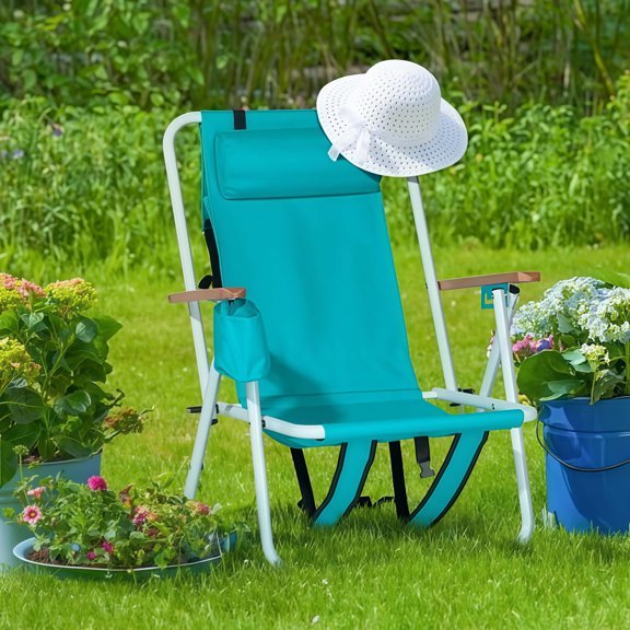 Folding Beach Chair with Backpack Straps, Camping Chair 4 Reclining Positions, Wooden Armrests & Cup Holder, 265lb Capacity