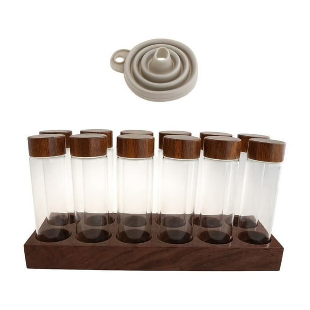 Tubos de vidrio para almacenar café, viales de vidrio con soporte de madera de nogal, cereales y frutos secos. Base de 12 agujeros