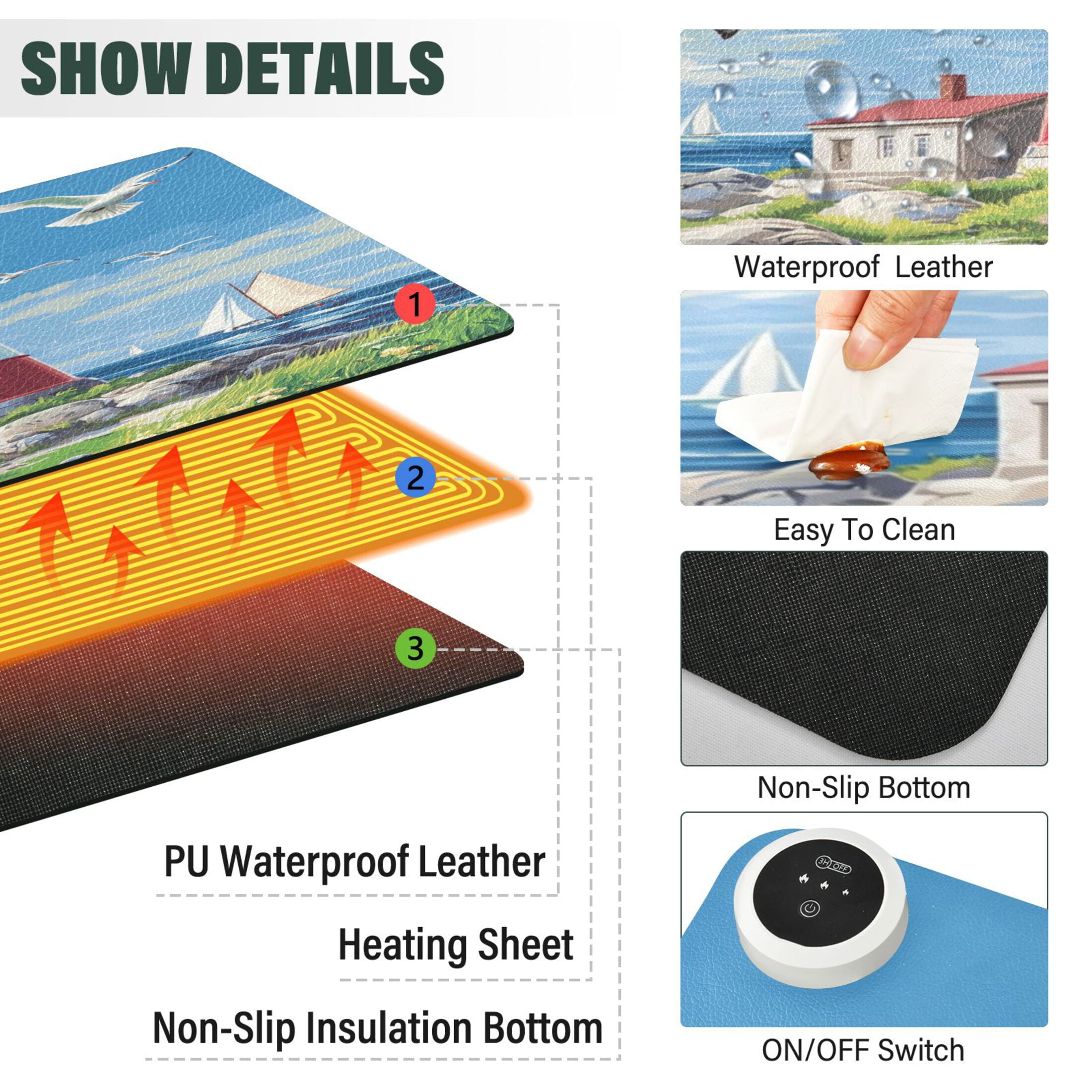 Wobogo Coastal Lighthouse Heated Mouse Pad Extra-Large Desk Mat With 3 Heating Levels and 3-hour Auto Shut-Off Protection Ideal for Computer Keyboards Home Office Hand-warming Essential 31.5in × 13in