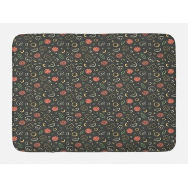Cartoon Bath Mat, Sketches of Pizza Ingredients Yummy Food Theme, Plush Bathroom Decor Mat with Non Slip Backing, 29.5" X 17.5", Dark Taupe Grey Coral, by Ambesonne
