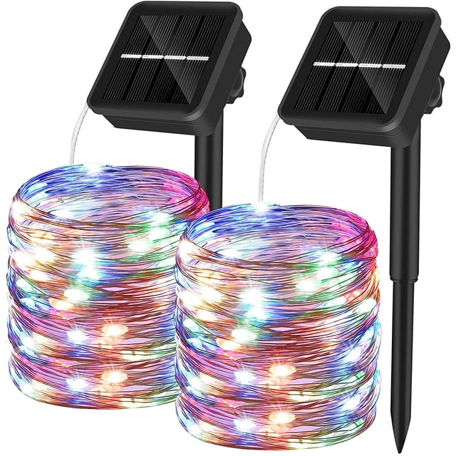 Cadena de luces solares para exteriores, 10 m, 100 LED, alambre de cobre, luces solares para jardín, 8 modos, decorativas para fiestas, jardines, bodas (2 piezas, multicolor)