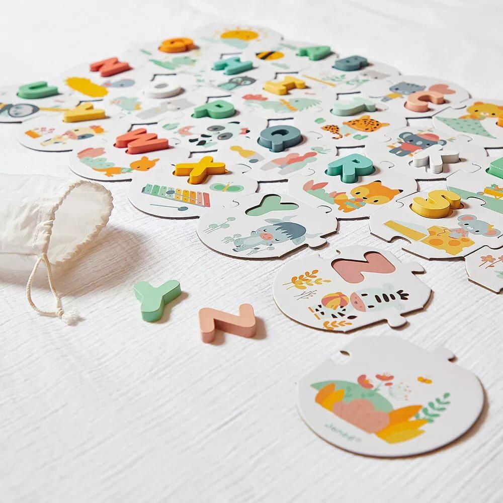 Janod - Pure - My First Alphabet Puzzle - 26 Pieces - Early-Learning Skill Game - Fine Motor Skills - For Toddlers - 2 Years + - Multilingual - J08045