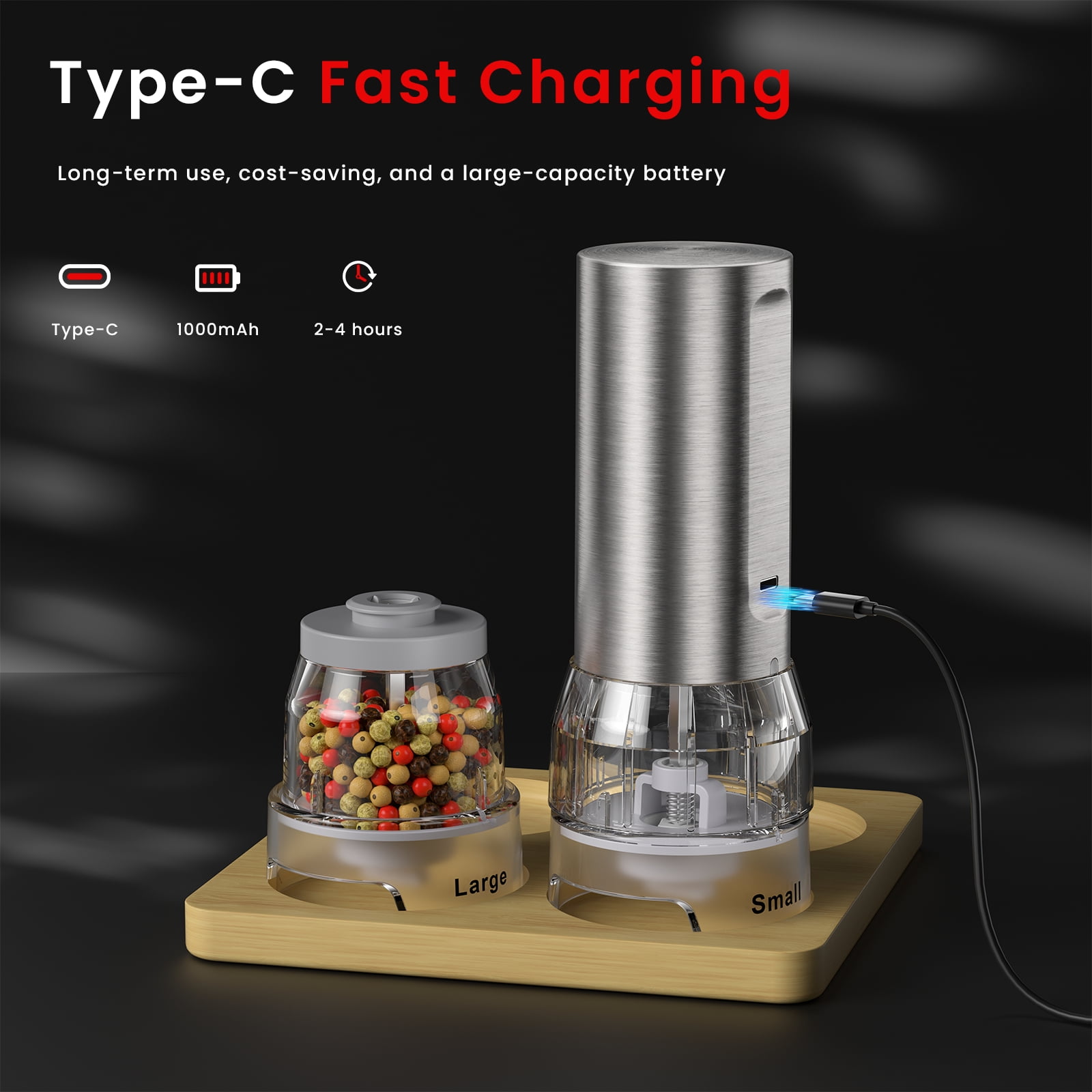 Electric Salt and Pepper Grinder Se,Quick Switching of Silos, Stainless Steel Automatic Pepper Mill Grinder,USB Rechargeable 3 large-Capacity Stock Bins Adjustable Grinding Coarseness