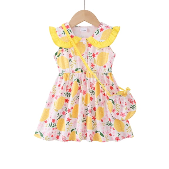 Baby Girls Clothes Infant Girls Floral Dress 6 Months Girls Summer Dress 12 Months Girls Sundress Sleeveless Dress with Cute Bag Yellow