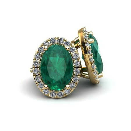 1 3/4 Carat Oval Shape Emerald and Halo Diamond Stud Earrings In 14 Karat Yellow Gold