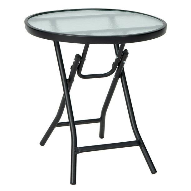 Costway Mesa de comedor para patio, mesa redonda de 46 cm con tablero de cristal templado, estructura antioxidante y marco en X estable, mesa plegable para uso interior y exterior, color negro