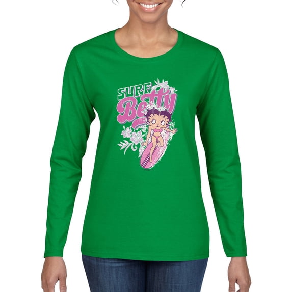 Wild Bobby, Shore Surfer Betty Boop Betty Boop Womens Long Sleeve T-Shirt, Kelly, Large