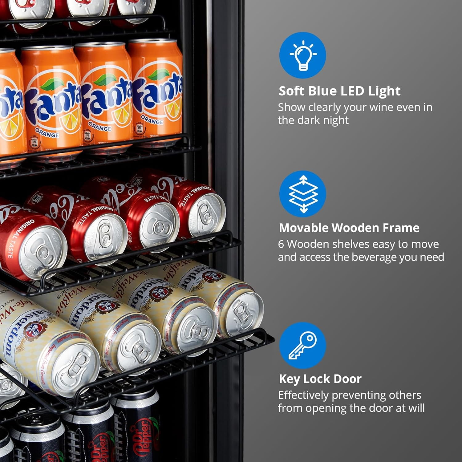 15 Inch Beverage Refrigerator, 96 Cans Stainless Steel Fridge with Double-Layer Tempered Glass Door, Freestanding & Built-In Wine Cooler, Safety Lock for Home, Office, Bar