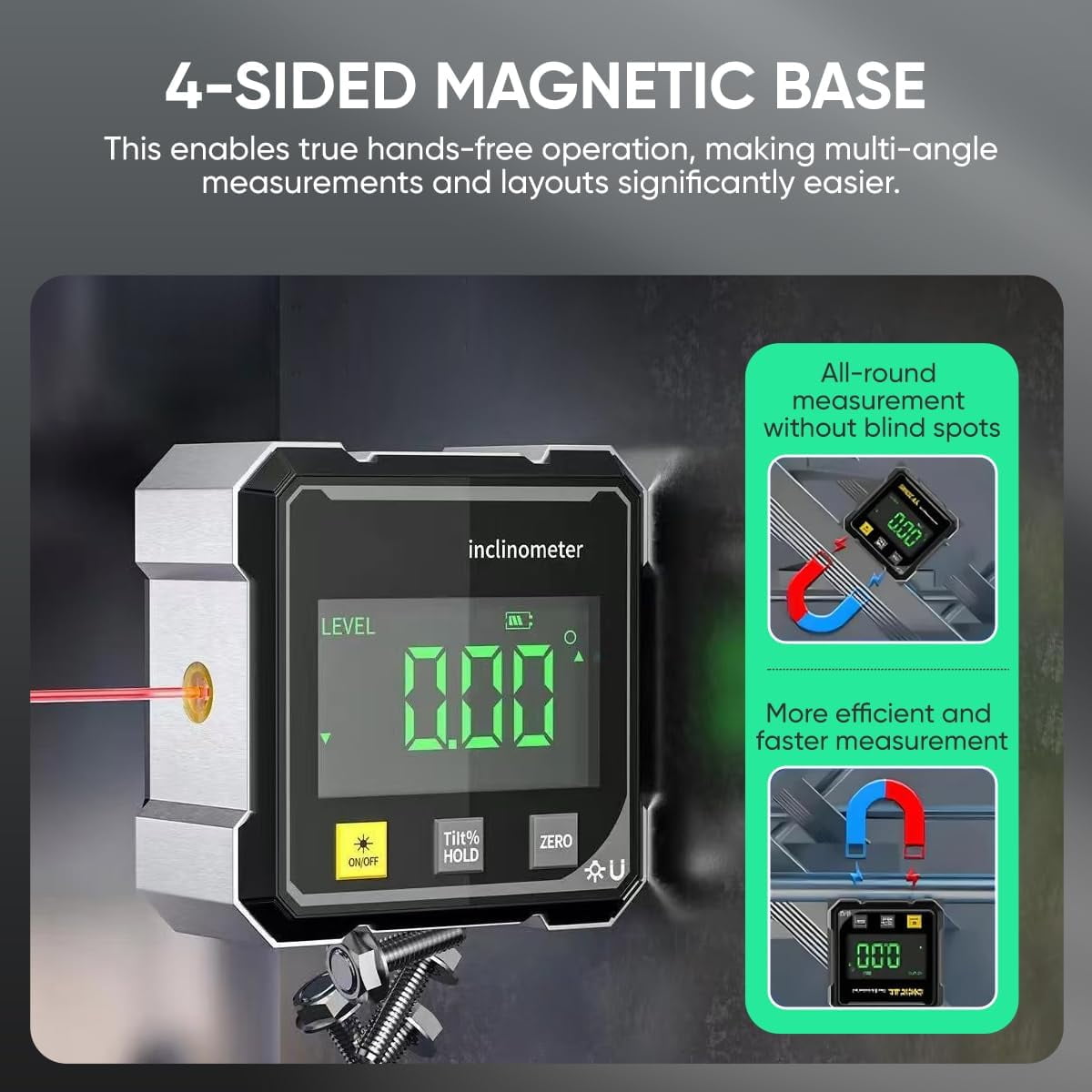 Digital Laser Angle Finder Protractor Tool, 4-Sided Magnetic Base & Laser Guide for Instant Measurements, USB Rechargeable for Carpentry, Tile & Home Renovation
