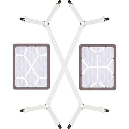 Bed Sheet Holder Straps, Adjustable Sheet Stays Keepers with Elastic Bands and Corner Clips, Fitted Sheet Fasten Suspenders for Bedding, Mattress, Sheet Fasteners from (2Pcs/Set, White)