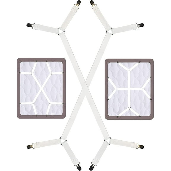 Bed Sheet Holder Straps, Adjustable Sheet Stays Keepers with Elastic Bands and Corner Clips, Fitted Sheet Fasten Suspenders for Bedding, Mattress, Sheet Fasteners from (2Pcs/Set, White)