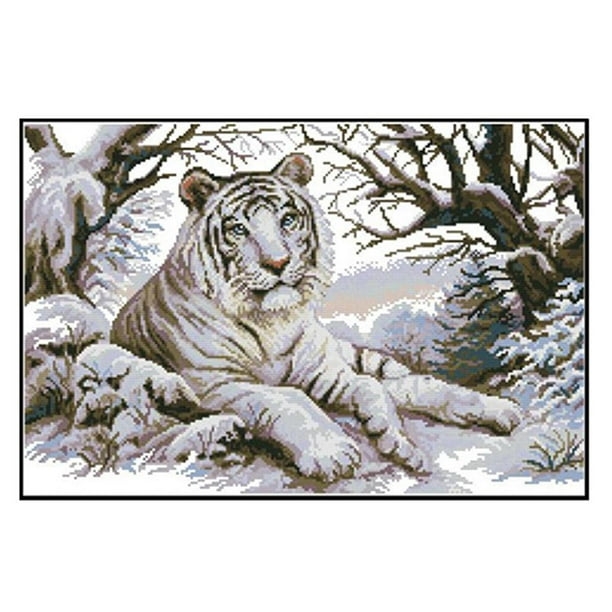 Kits de punto de cruz con estampado de tigre blanco, kits de bordado contado para adultos 14ct 51x36cm