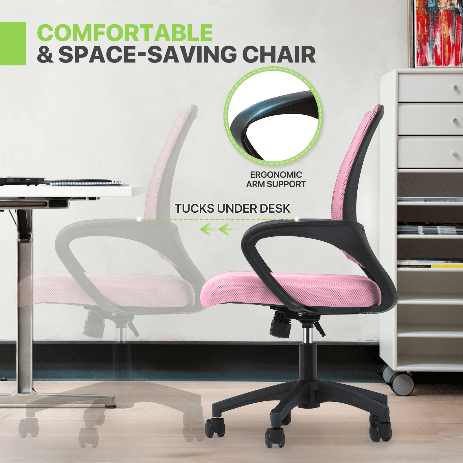 Magshion Set of 2 Office Chairs Mid Back Swivel Desk Chairs, Height Adjustable Ergonomic Mesh Computer Chairs with Armrest & Lumbar Support, Pink