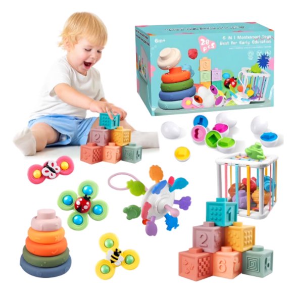 Wonderstone 7-in-1 Montessori Baby Toys with Storage Box, Stacking Blocks, Eggs, Spinner, Crab Pull Toy, Shape Sorter Cube Toy, for Boys Girls Infants 6-36 Months