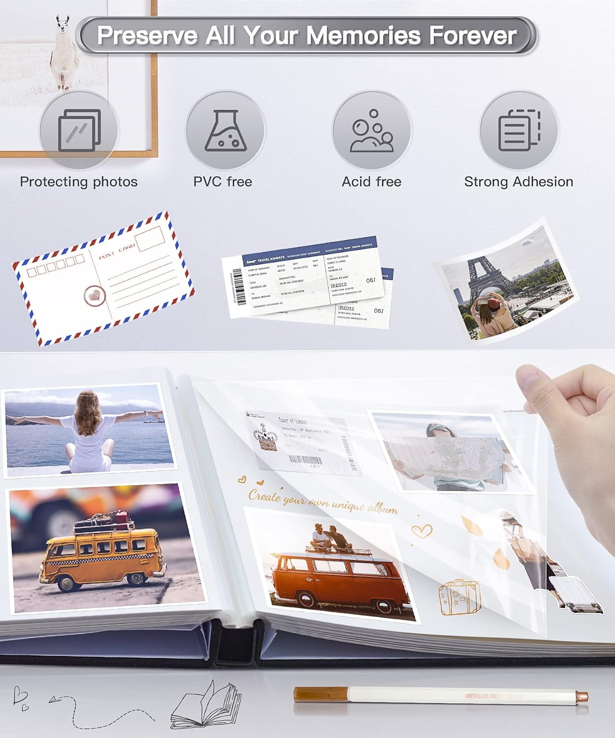 Popotop Photo Album Self Adhesive Scrapbook Album for 4x6 5x7 8x10 Pictures DIY Photo Book as Scrapbooking Supplies Kits, Birthday Gifts for Women Mom Wedding Baby Family Travel
