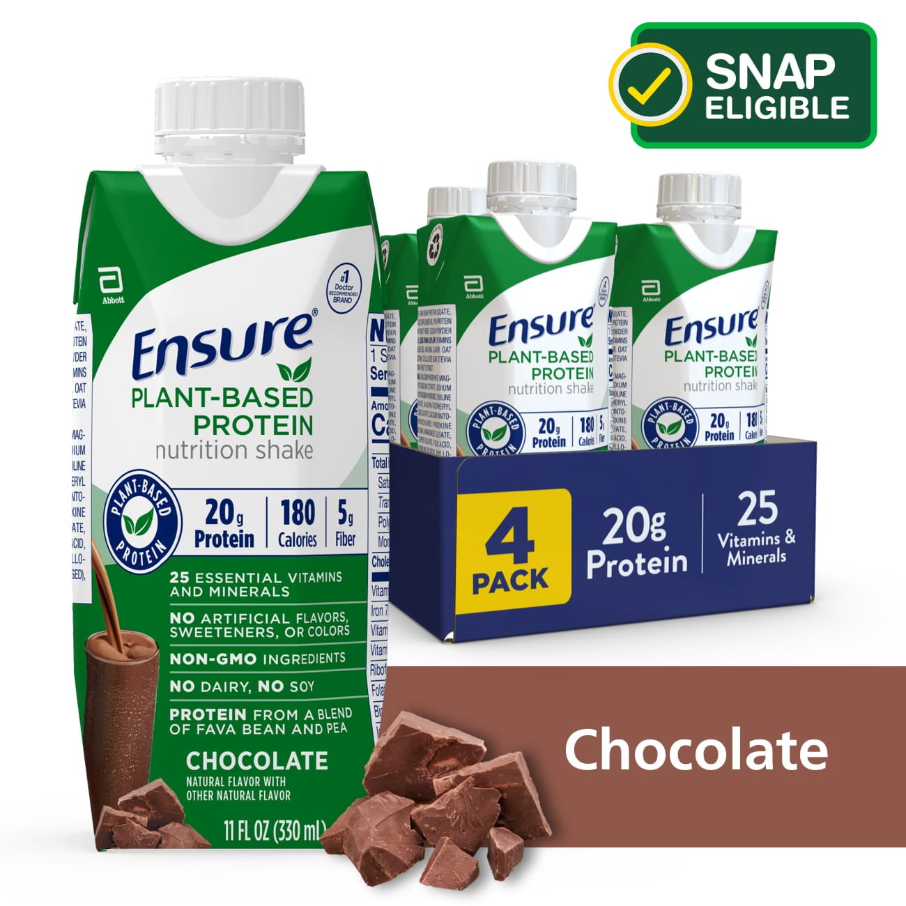 Ensure 100% Plant-Based Protein Vegan Nutrition Shakes with 20g Fava Bean and Pea Protein, Chocolate, 11 fl oz, 4 Count