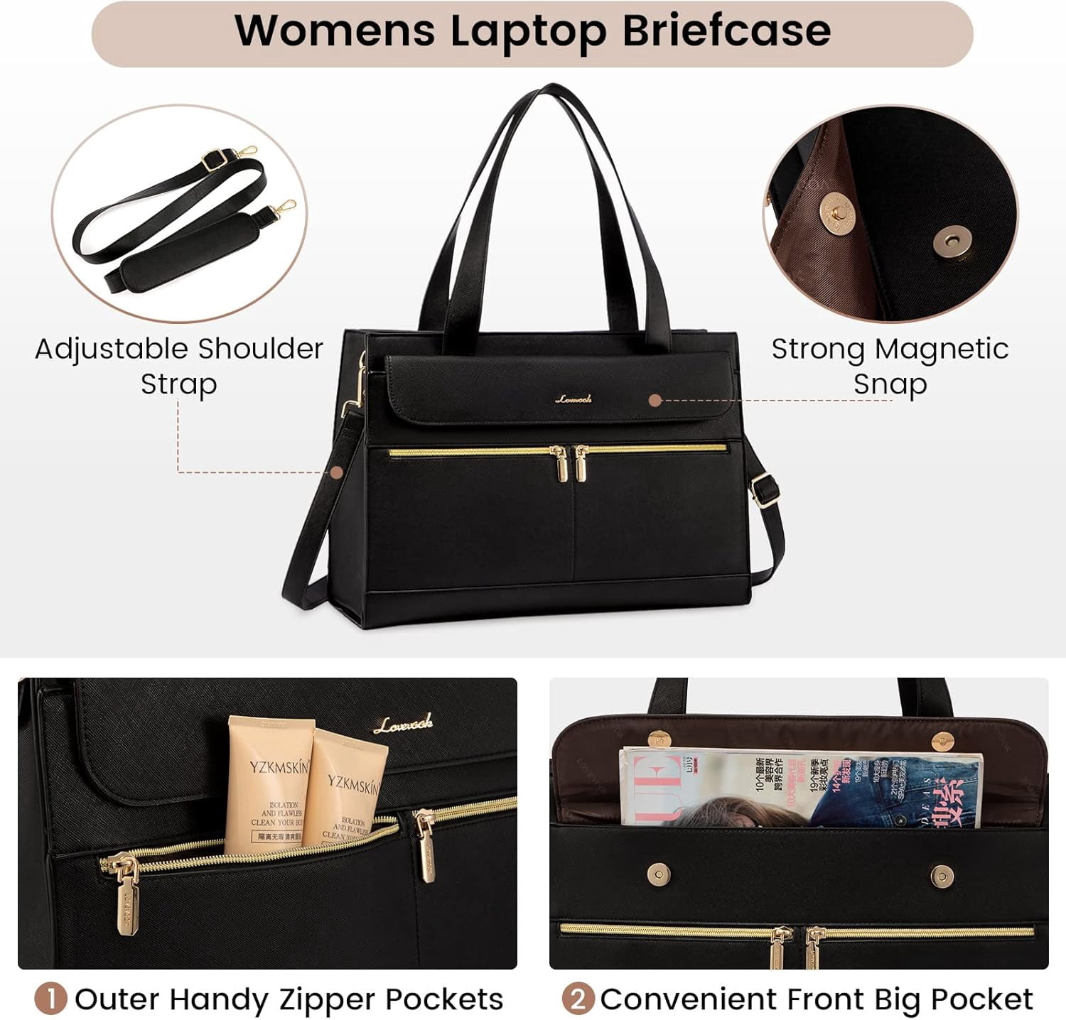 LOVEVOOK Laptop Bag for Women 15.6 Inch Tote Work Professional Leather Computer Briefcase Waterproof Handbag Shoulder Large Capacity Business Teacher Office Crossbody Purse